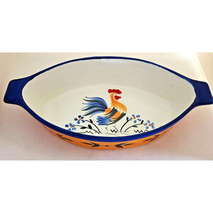 CASSEROLE/SERVING/BAKING DISH-Rooster-White-Navy Blue-Hand Painted-12" Long